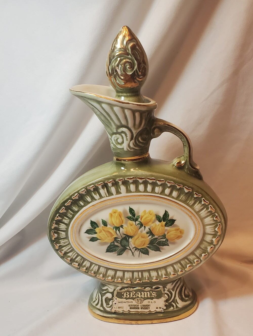 Jim Beam Bourbon Vtg 1969 Regal China Green & Gold Yellow Roses Decanter Bottle